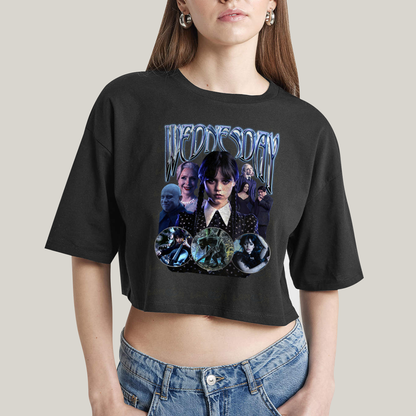 Cropped Oversized Algodão Unissex T shirt Wandinha Wednesday Blue