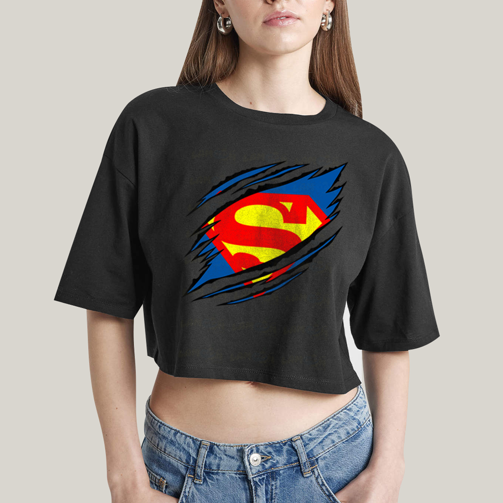 Cropped Oversized Algodão Unissex T shirt Superman Logo Rasgada