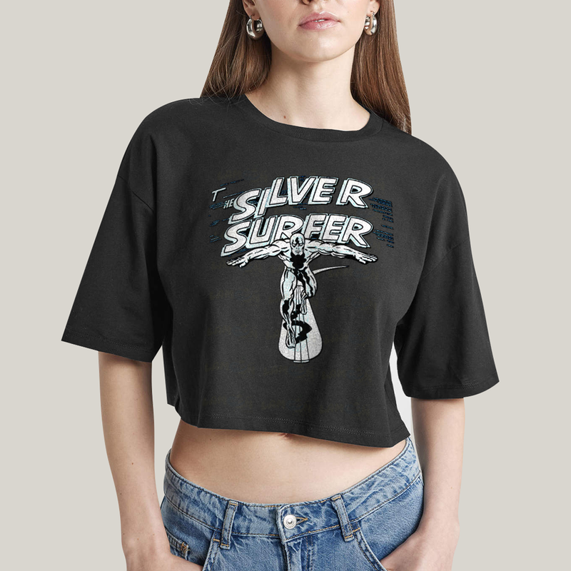 Cropped Oversized Algodão Unissex T shirt Surfista Prateado Retrô