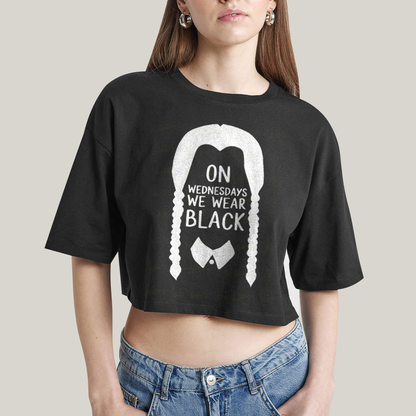Cropped Oversized Algodão Unissex T shirt Wandinha Na Quarta Feira Usamos Preto