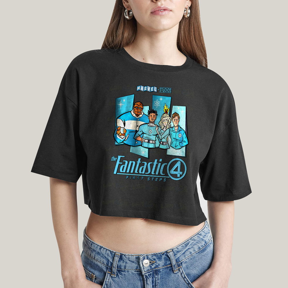 Cropped Oversized Algodão Unissex T shirt Quarteto Fantástico Primeiros Passos Cartunesco