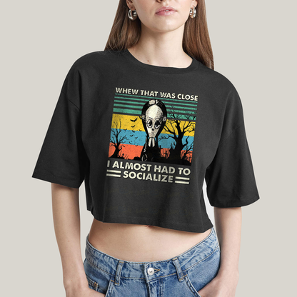 Cropped Oversized Algodão Unissex T shirt Wandinha Quase Tive Que Socializar