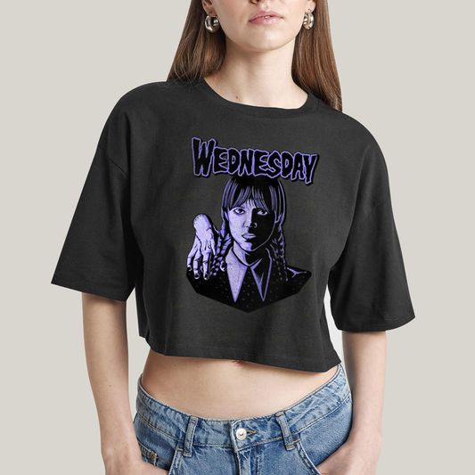 Cropped Oversized Algodão Unissex T shirt Wandinha Roxo Wednesday
