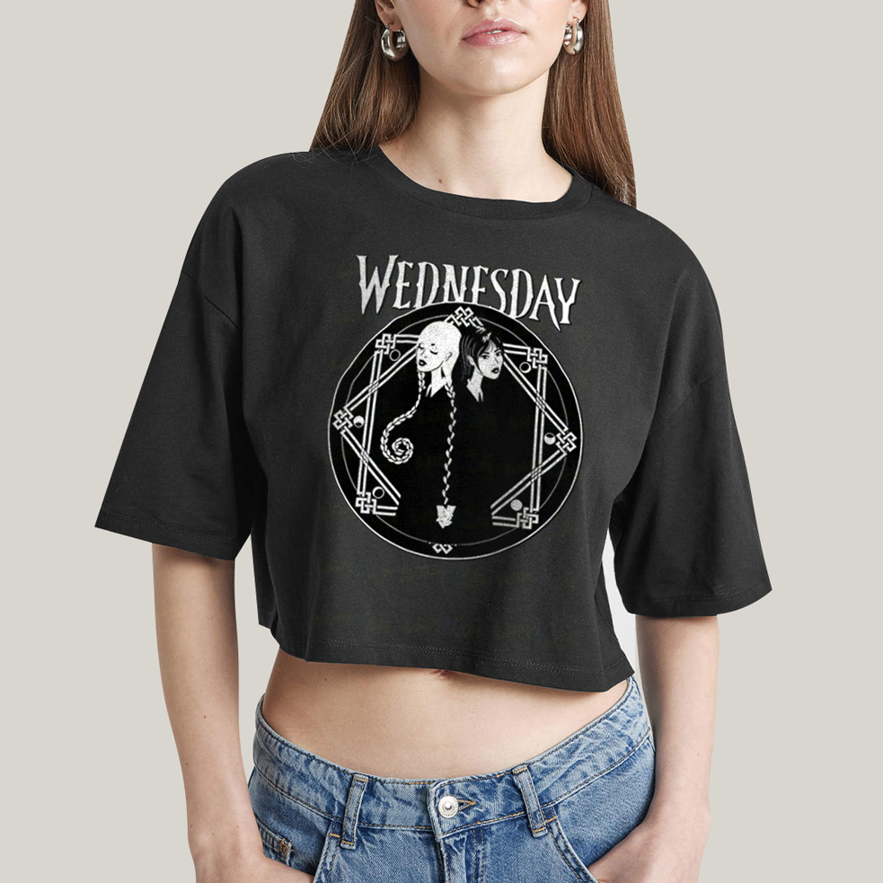 Cropped Oversized Algodão Unissex T shirt Wandinha Wednesday Black White