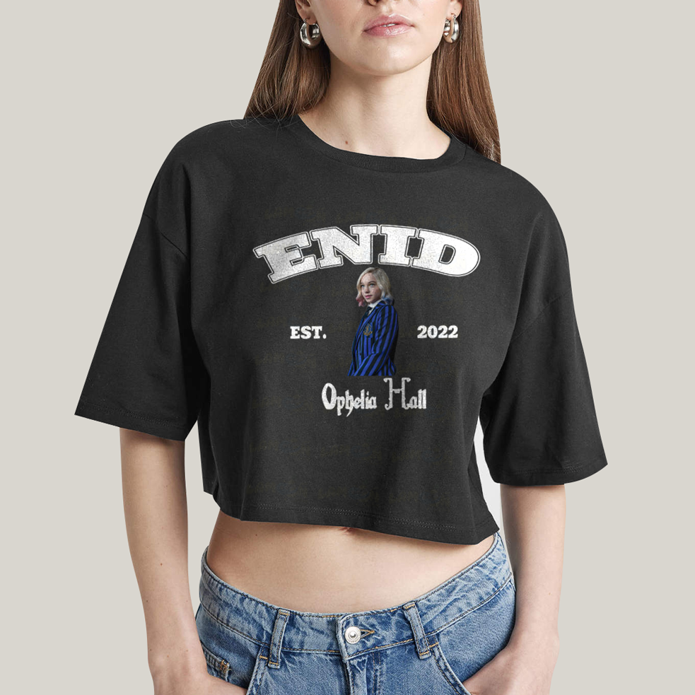 Cropped Oversized Algodão Unissex T shirt Wandinha Enid Est 2022