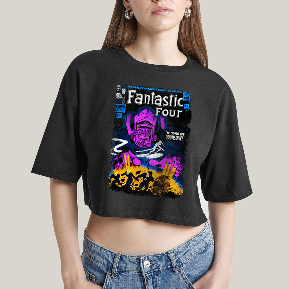 Cropped Oversized Algodão Unissex T shirt Quarteto Fantástico vs Galactus Capa de HQ