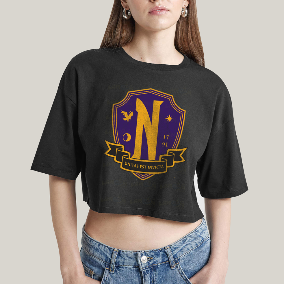 Cropped Oversized Algodão Unissex T shirt Wandinha Unitas Est Invicta