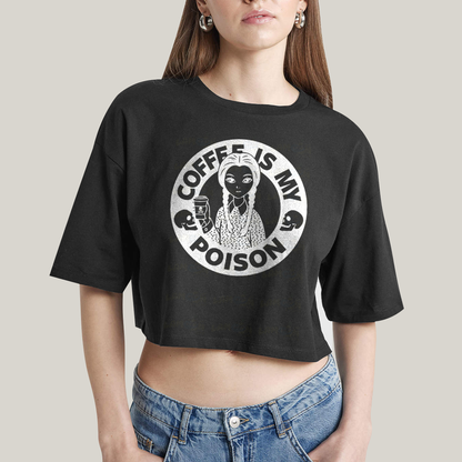 Cropped Oversized Algodão Unissex T shirt Wandinha Café é Meu Veneno