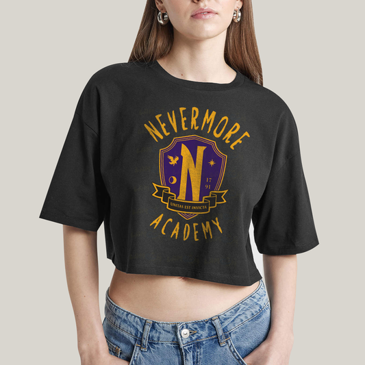 Cropped Oversized Algodão Unissex T shirt Wandinha Unitas Est Invicta Nevermore Academy