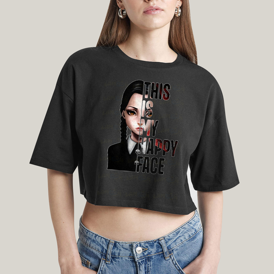 Cropped Oversized Algodão Unissex T shirt Wandinha Essa é Minha Cara Feliz