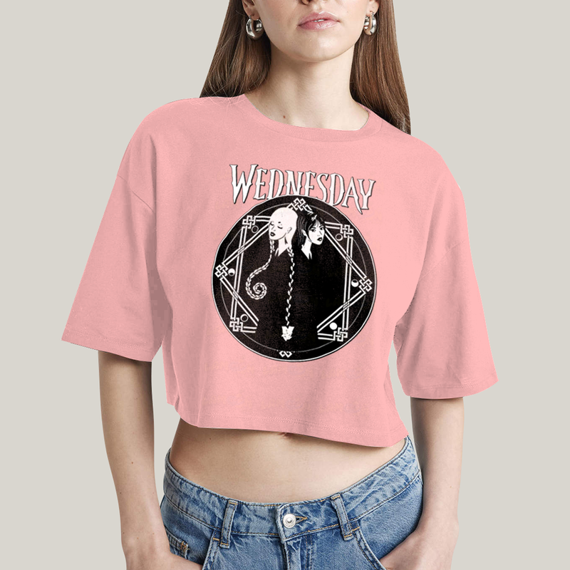 Cropped Oversized Algodão Unissex T shirt Wandinha Wednesday Black White