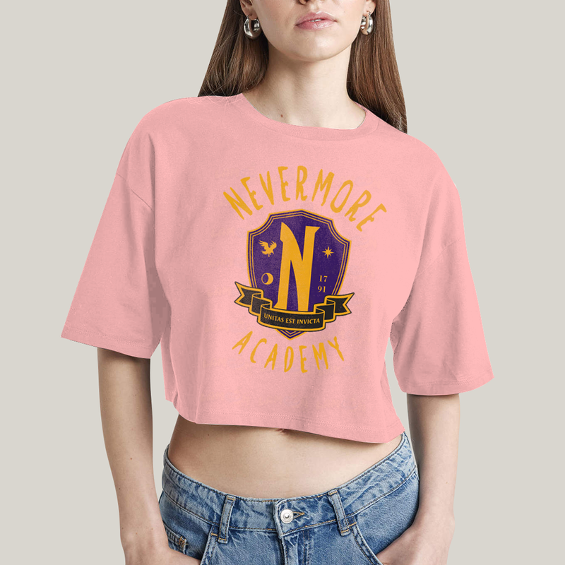 Cropped Oversized Algodão Unissex T shirt Wandinha Unitas Est Invicta Nevermore Academy