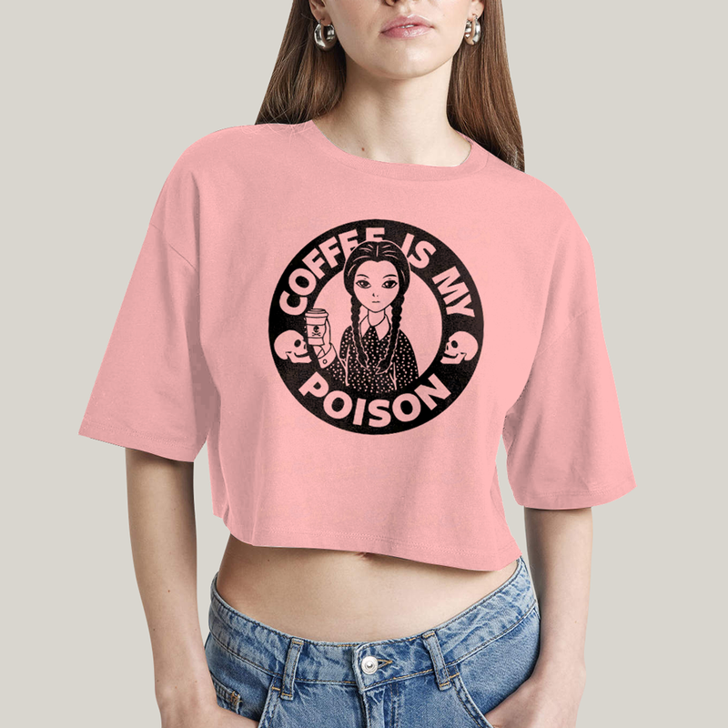 Cropped Oversized Algodão Unissex T shirt Wandinha Café é Meu Veneno