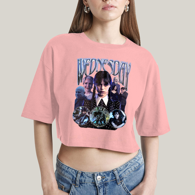 Cropped Oversized Algodão Unissex T shirt Wandinha Wednesday Blue