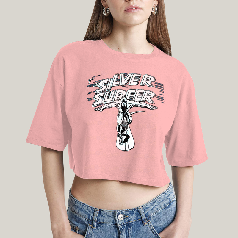 Cropped Oversized Algodão Unissex T shirt Surfista Prateado Retrô