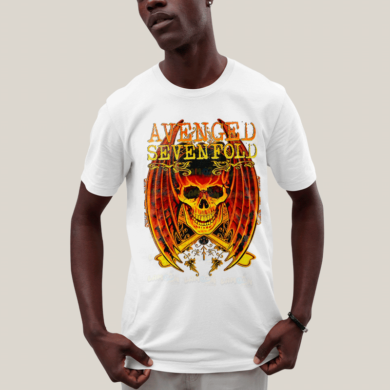 Camiseta Algodão Unissex T shirt- Avenged Sevenfold Esqueleto de Asas Laranja