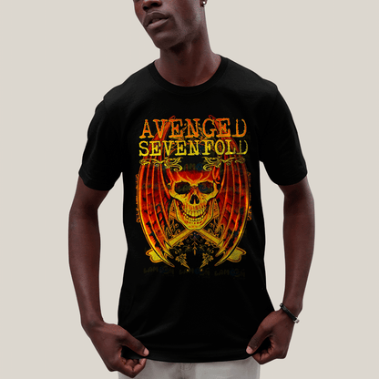 Camiseta Algodão Unissex T shirt- Avenged Sevenfold Esqueleto de Asas Laranja