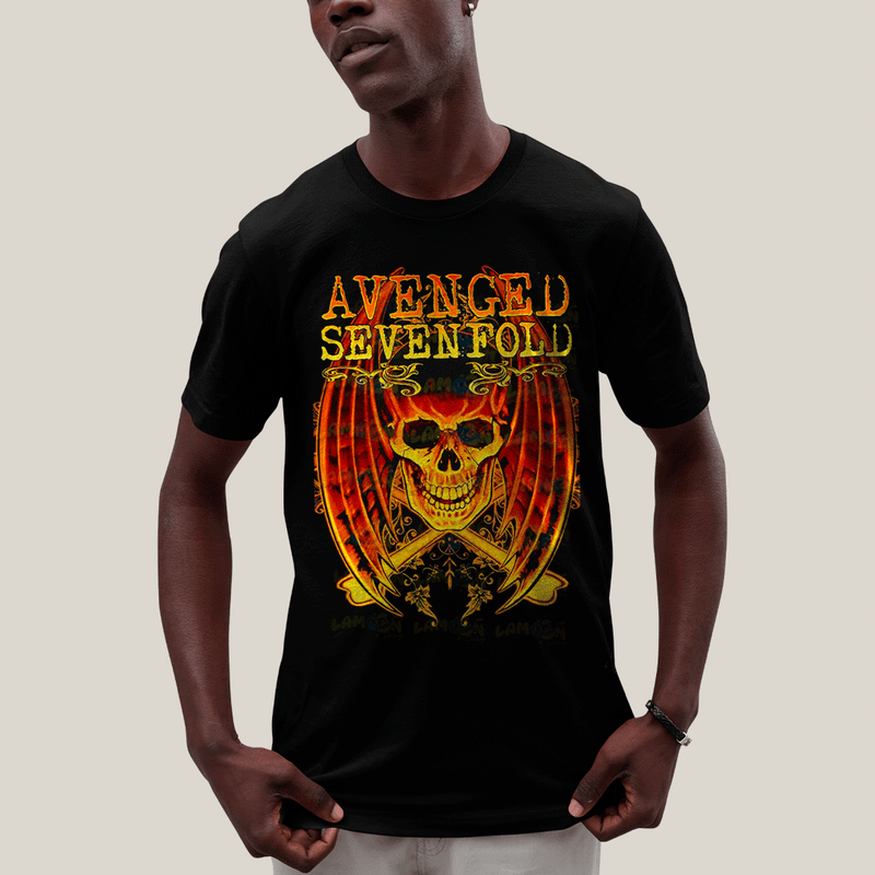Camiseta Algodão Unissex T shirt- Avenged Sevenfold Esqueleto de Asas Laranja
