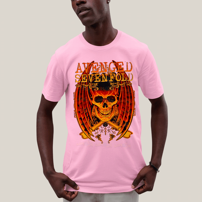 Camiseta Algodão Unissex T shirt- Avenged Sevenfold Esqueleto de Asas Laranja