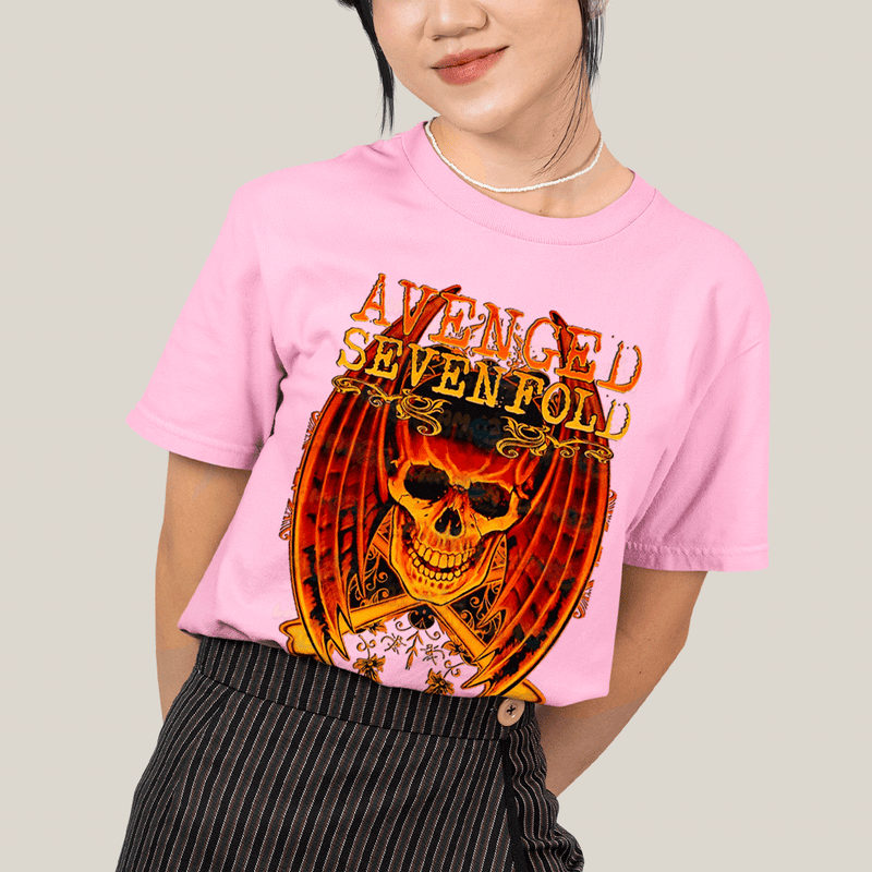 Camiseta Algodão Unissex T shirt- Avenged Sevenfold Esqueleto de Asas Laranja