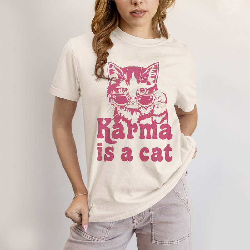 Camiseta Algodão Unissex T shirt Karma Is a Cat Pink