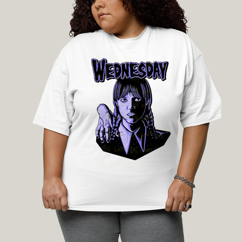 Camiseta Plus Size Algodão Unissex T shirt Wandinha Roxo Wednesday