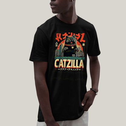 Camiseta Algodão Unissex T shirt Gato Catzilla Godzilla Meme