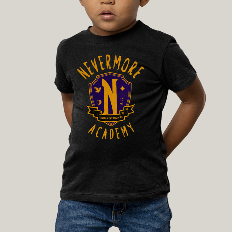 Camiseta Infantil Algodão Unissex T shirt Wandinha Unitas Est Invicta Nevermore Academy