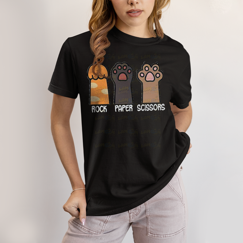 Camiseta Algodão Unissex T shirt Gato Rock Paper Scissors