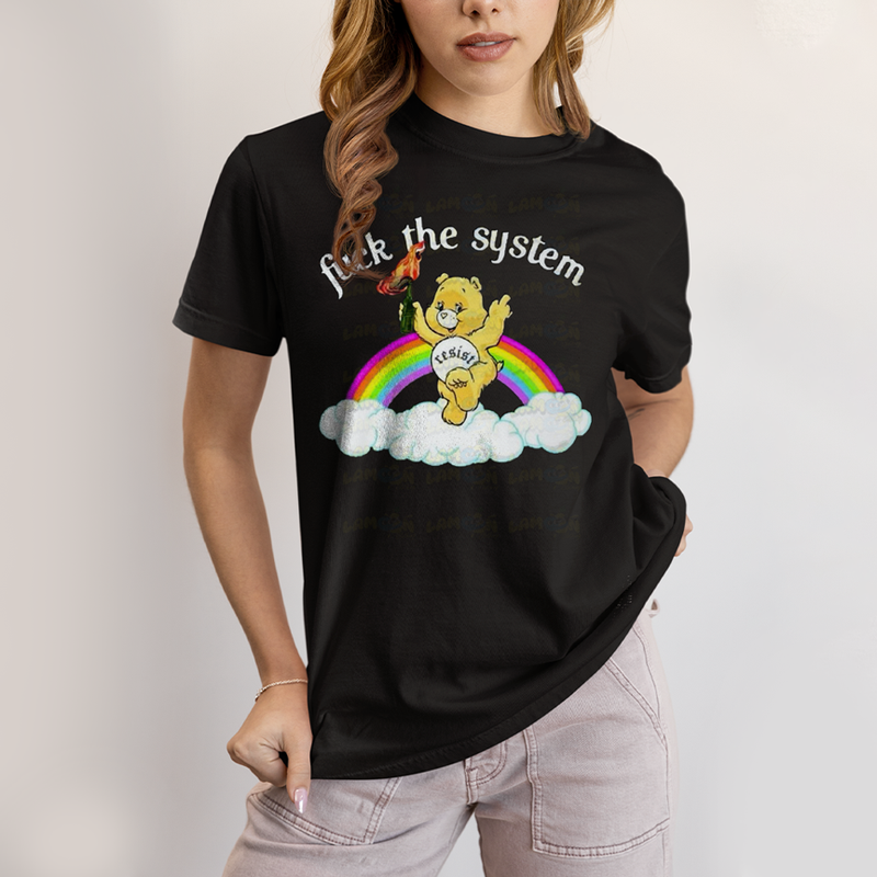 Camiseta Algodão Unissex T shirt Ursinho Fuck The System