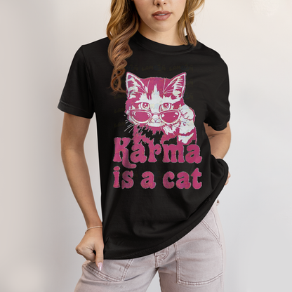 Camiseta Algodão Unissex T shirt Karma Is a Cat Pink