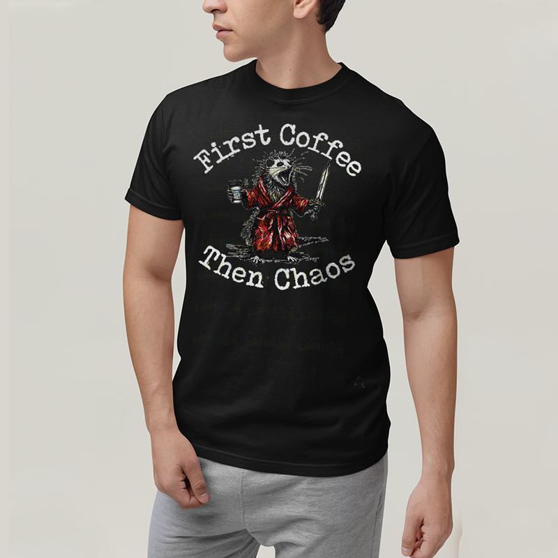 Camiseta Algodão Unissex T shirt Meme Primeiro Café, Depois Caos