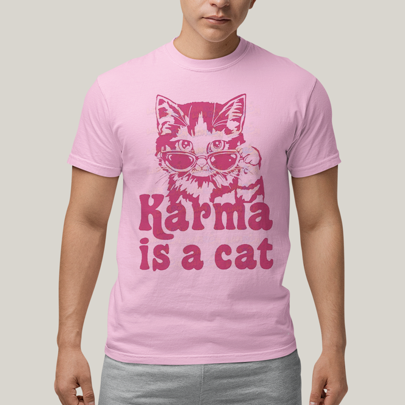 Camiseta Algodão Unissex T shirt Karma Is a Cat Pink