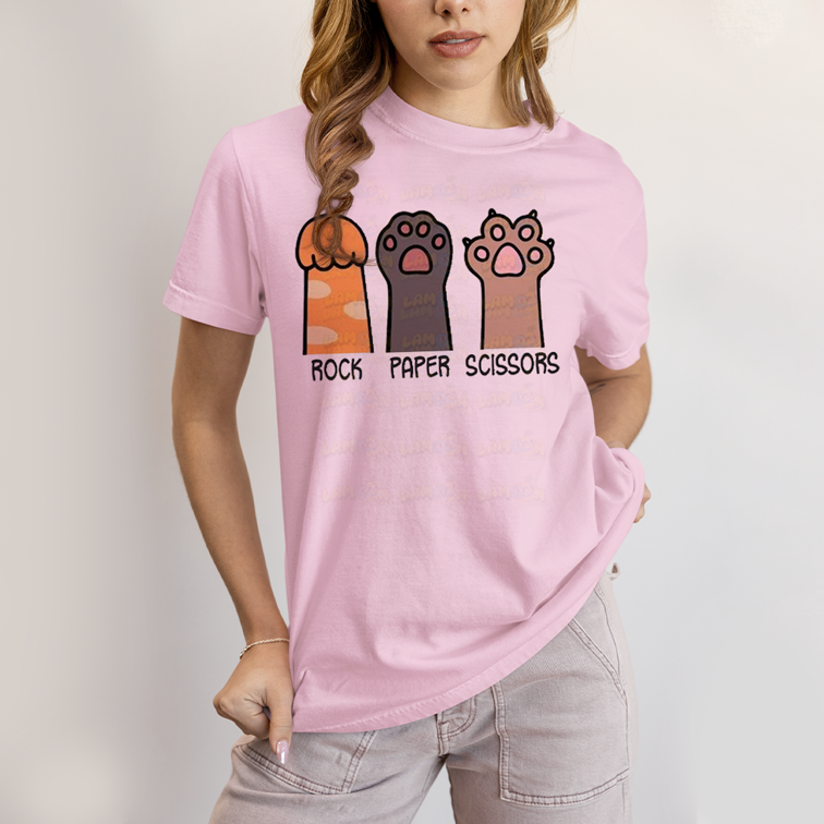 Camiseta Algodão Unissex T shirt Gato Rock Paper Scissors