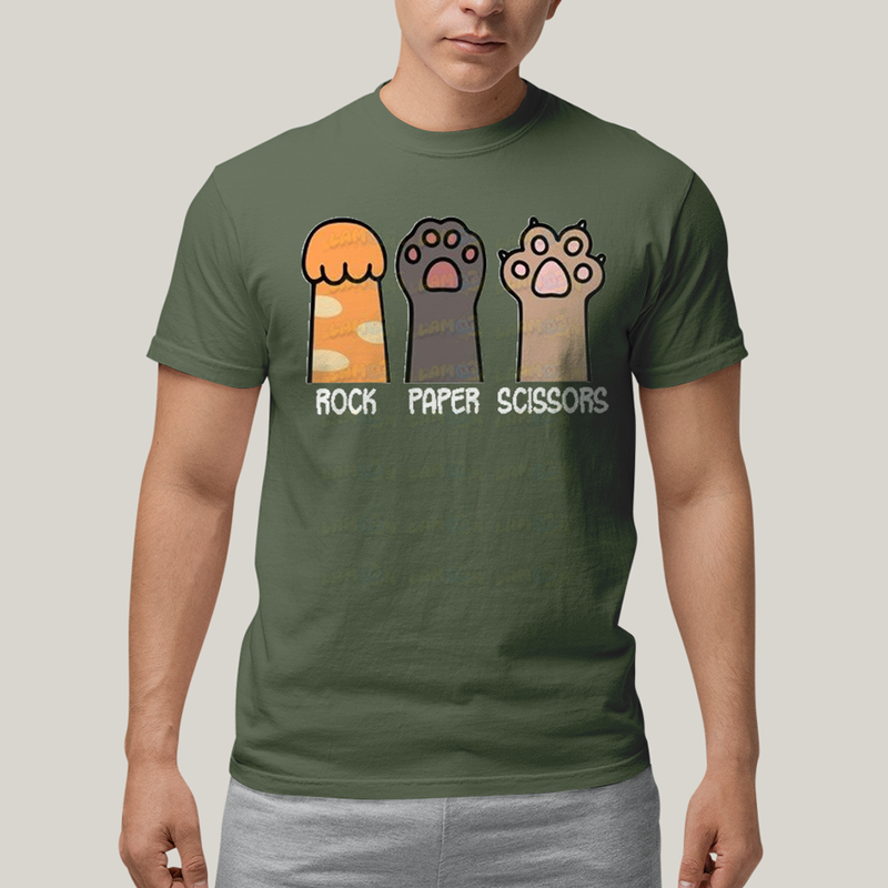 Camiseta Algodão Unissex T shirt Gato Rock Paper Scissors