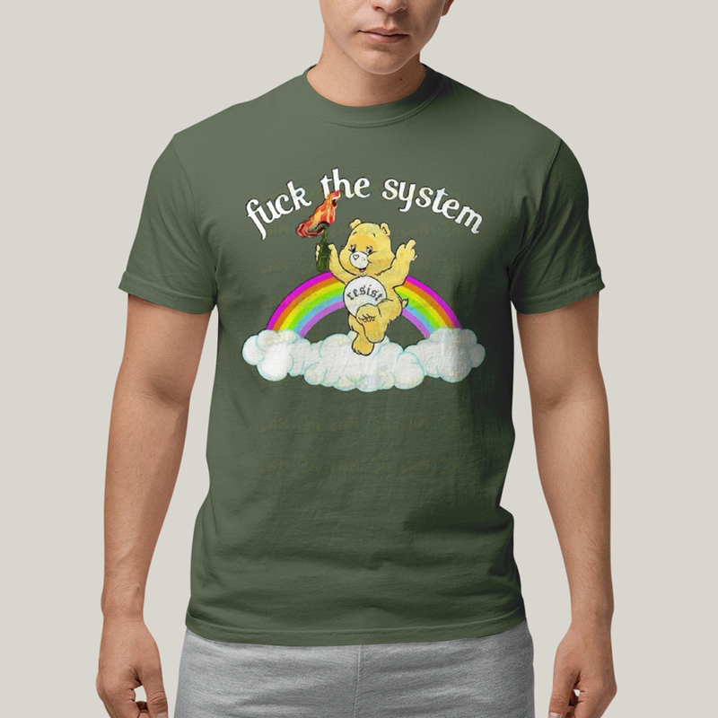 Camiseta Algodão Unissex T shirt Ursinho Fuck The System