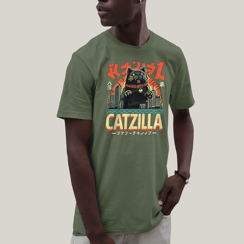 Camiseta Algodão Unissex T shirt Gato Catzilla Godzilla Meme