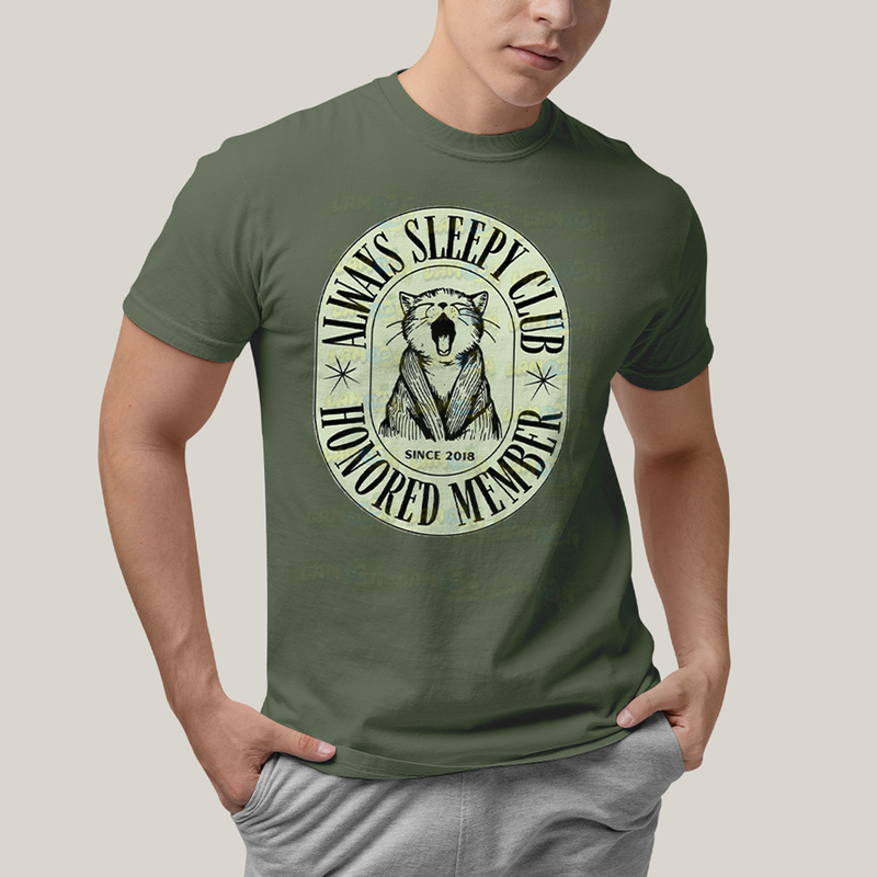 Camiseta Algodão Unissex T shirt Gato Membro Honrado do Clube Sempre Sonolento