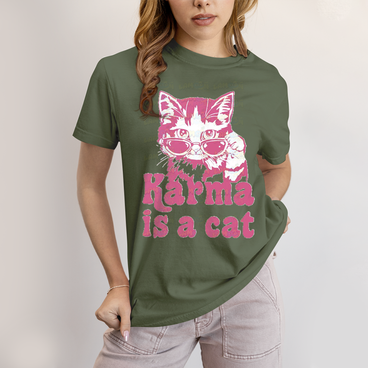 Camiseta Algodão Unissex T shirt Karma Is a Cat Pink
