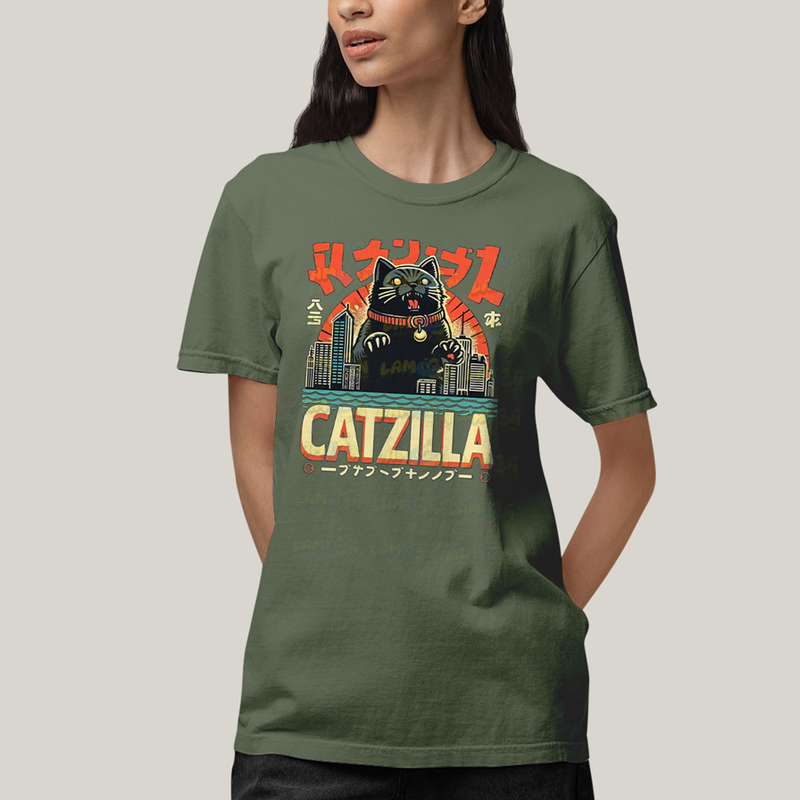 Camiseta Algodão Unissex T shirt Gato Catzilla Godzilla Meme