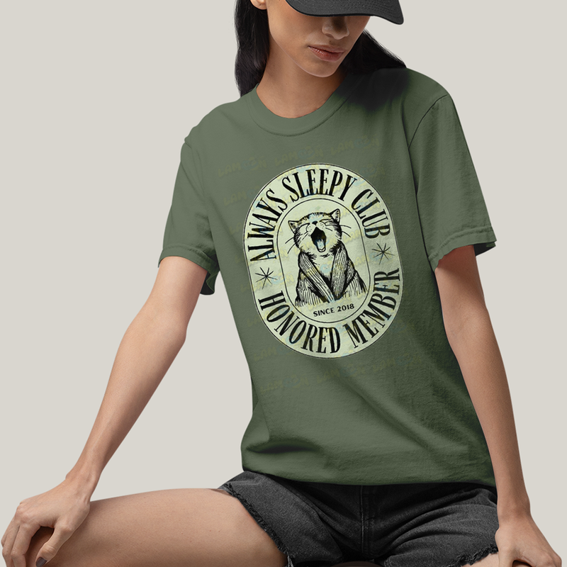 Camiseta Algodão Unissex T shirt Gato Membro Honrado do Clube Sempre Sonolento