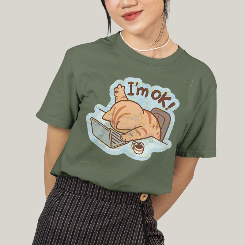 Camiseta Algodão Unissex T shirt Gato Eu Estou Bem Im Ok